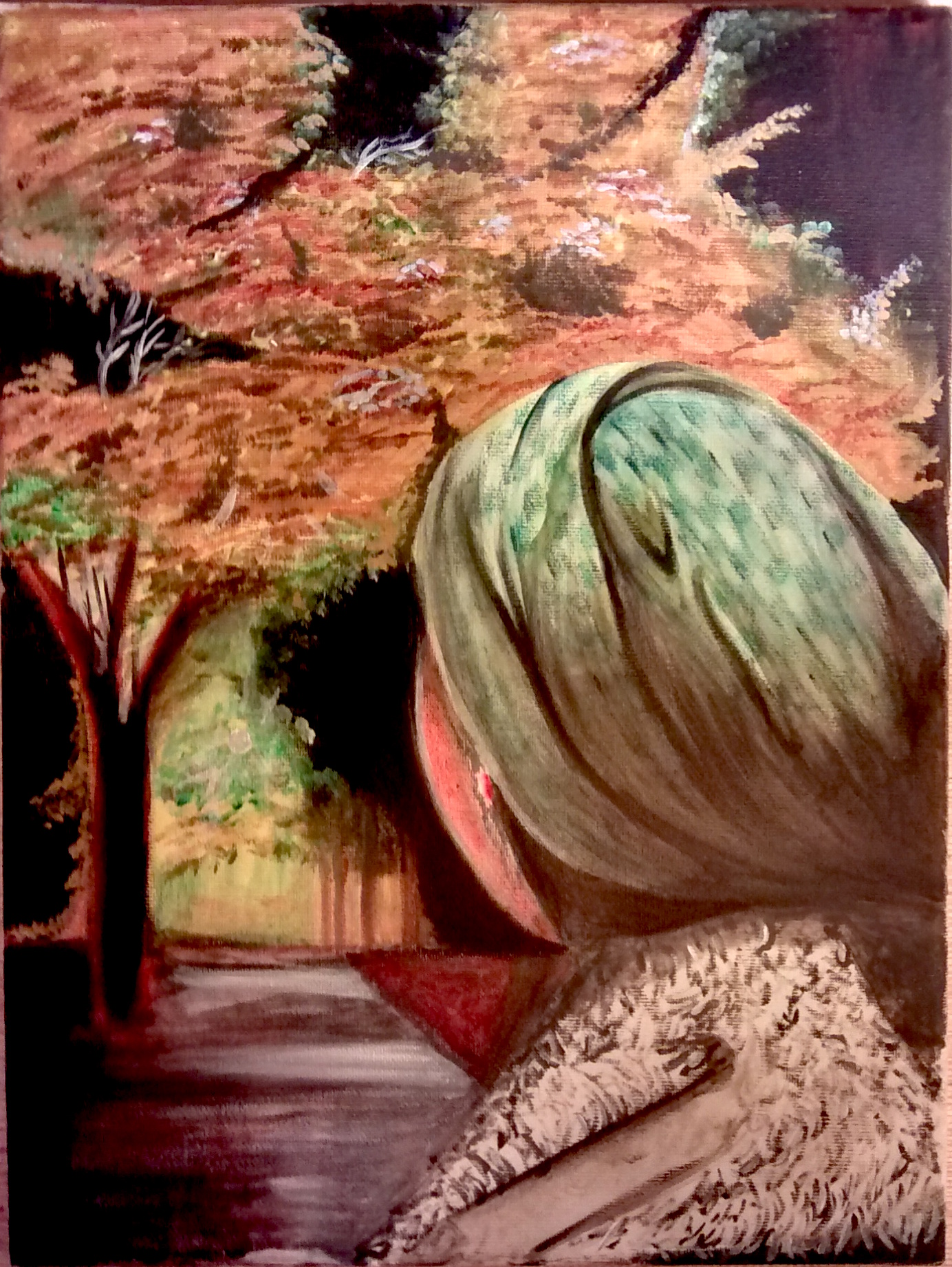 "Autumn Reverie" acrylic on canvas submitted for display at art exhibit in Yoni Ki Baat (2017)